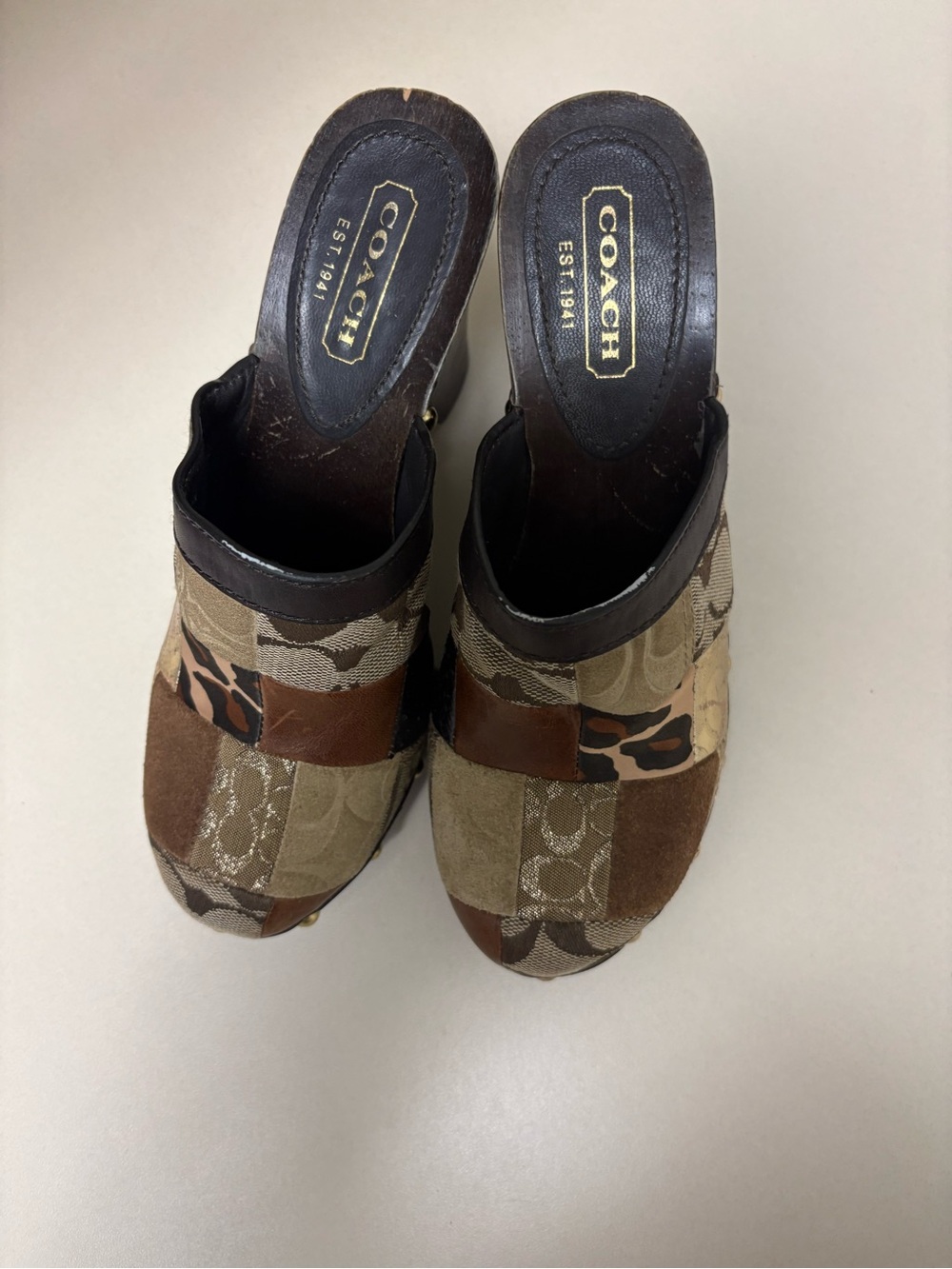 Coach Patchwork Clog Mules in Brown and Tan